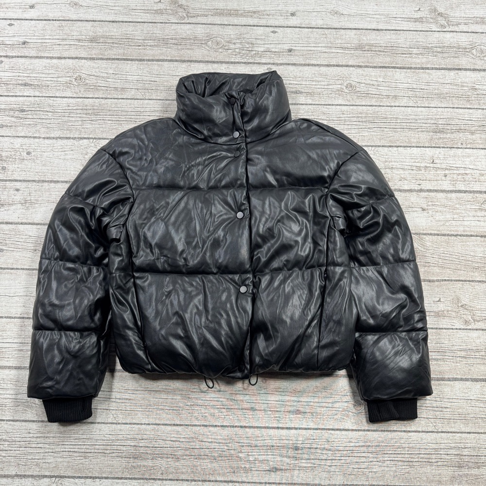 ZARA Puffer Jacket Women's Large Black Quilted Faux Leather Snap Button Cropped
